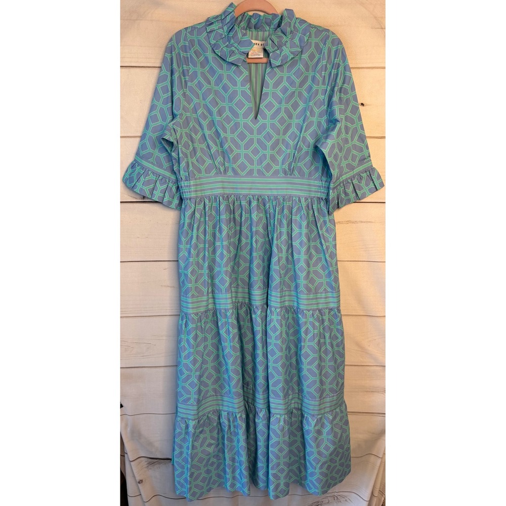 Gretchen Scott Designs Aqua and Teal Geometric Ruffle Maxi Dress